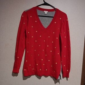 J. CREW RED MERINO WOOL POLKA DOT SWEATER PULLOVER size Petite M